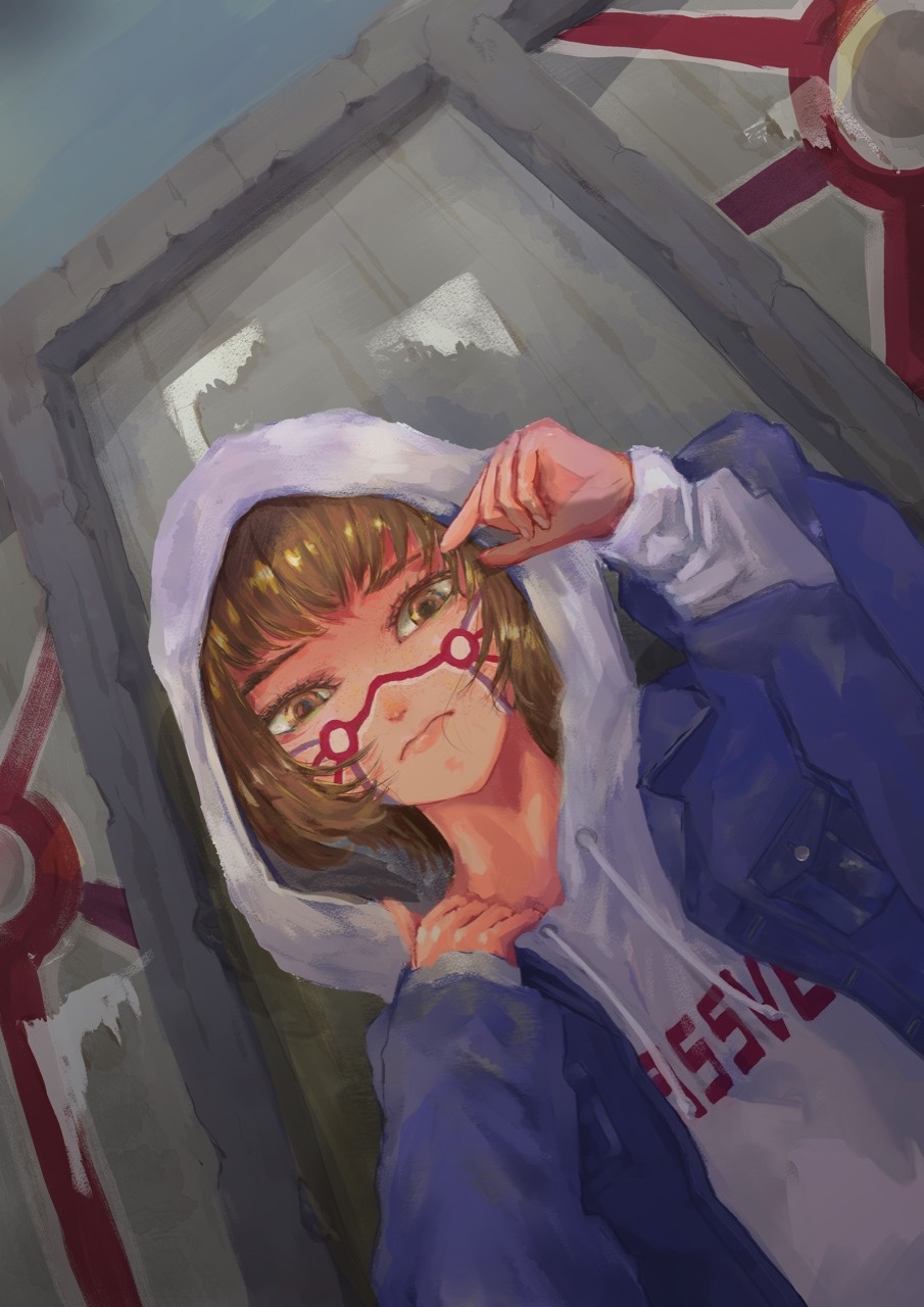 赤い眼鏡と青いフード付き上着を身につけた人物を描いたイラスト