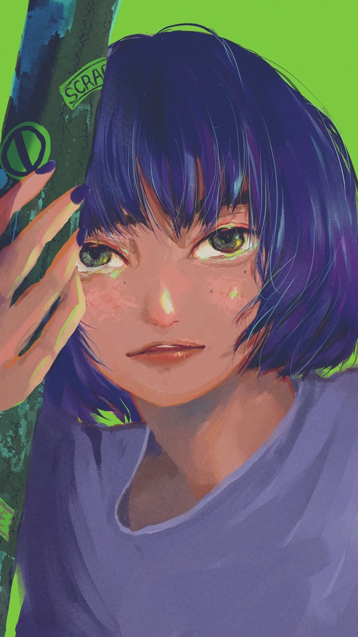 蛍光緑の背景と柱のそばに立つ、青い髪の人物を描いたイラスト