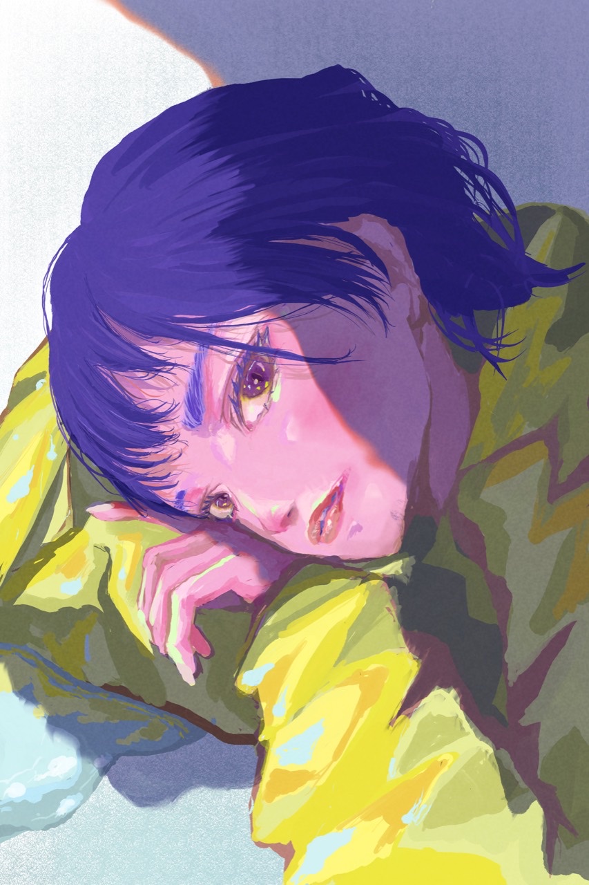 黄緑色の服に顔を預け、斜めから差す光を浴びる人物のイラスト