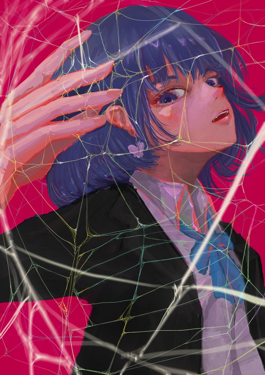 鮮やかな赤い背景と蜘蛛の巣越しに、青い髪の人物を描いたイラスト